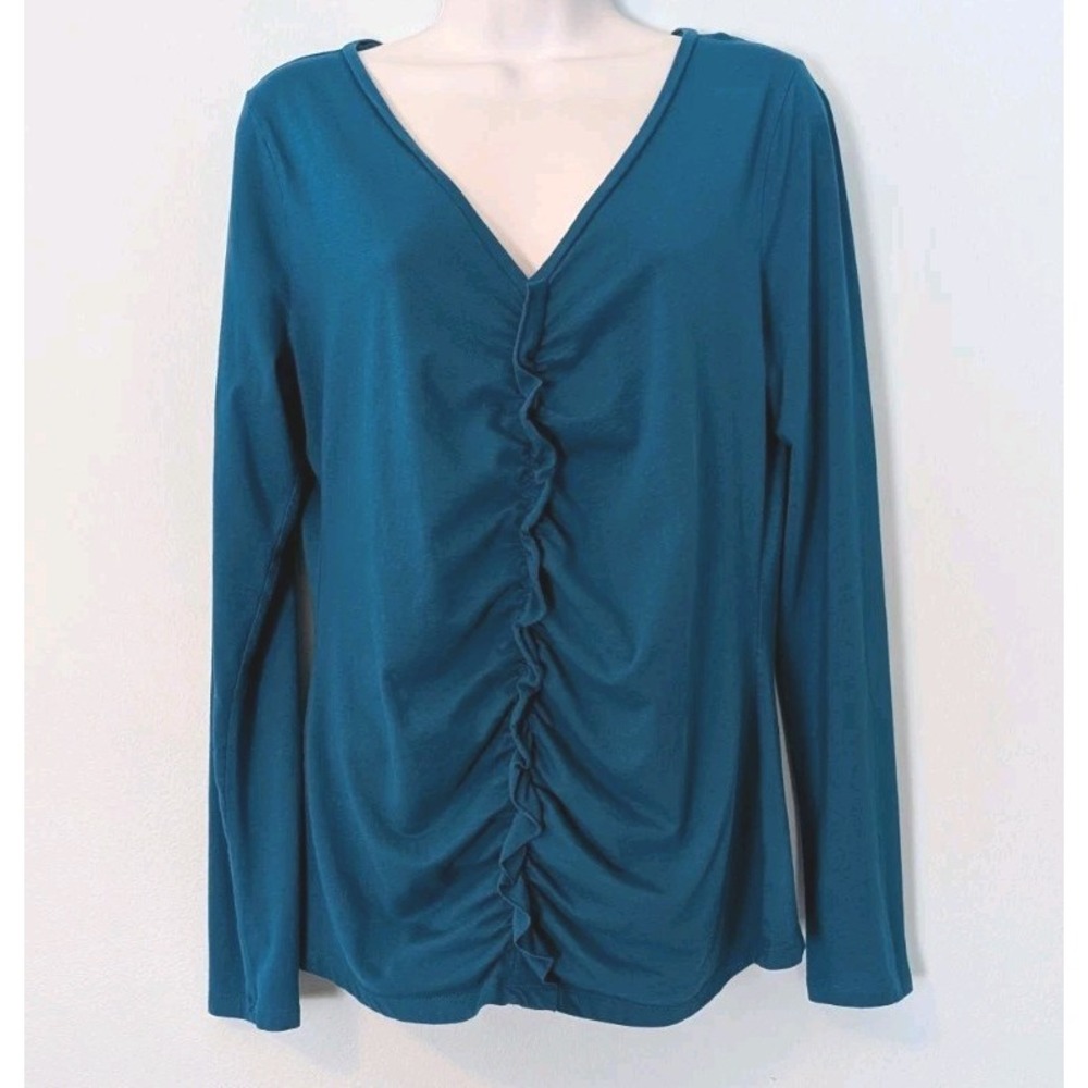 Ann Taylor Ruched Stretch Knit Top Women's Large Long Sleeve Blue V-neck